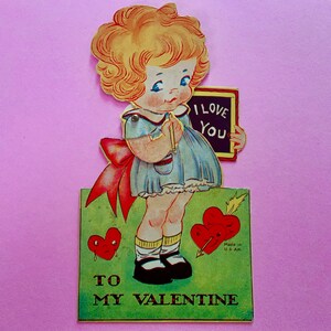 Vintage meccanico San Valentino Card Bambina tiene la lavagna che dice che ti amo
