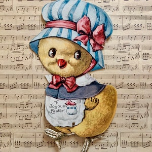Grande vintage inutilizzato carta di Pasqua meccanica pulcino antropomorfo con piedi rotanti