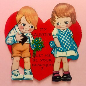 Vintage Valentines Day Card Shy Boy Handing Bouquet of Flowers to Bashful Girl