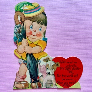 Vintage Valentines Day Card Girl with Broken Umbrella and Puppy Dog Charles Twelvetrees