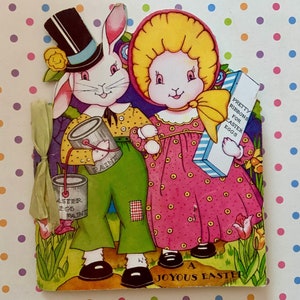Vintage Klapp-Osterkarte Bunny Rabbits Dying Eggs und Bindebänder