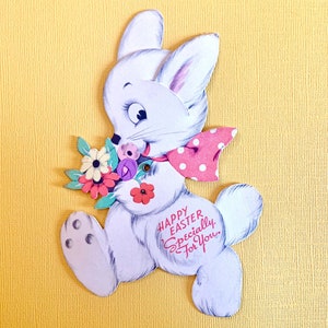 Vintage Mechanische Osterkarte Hase Hase mit Pünktchenband und Blumenstrauß
