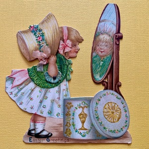 Vintage Mechanische Oster grußkarte Mädchen mit großem Hut Im Spiegel schauen Sam Gabriel