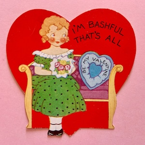Vintage Valentijnsdag kaart met Bashful Girl Wachten op Settee met Boeket