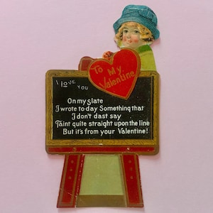Vintage Unused Valentines Day Card Girl with Poem Written on Slate Chalkboard