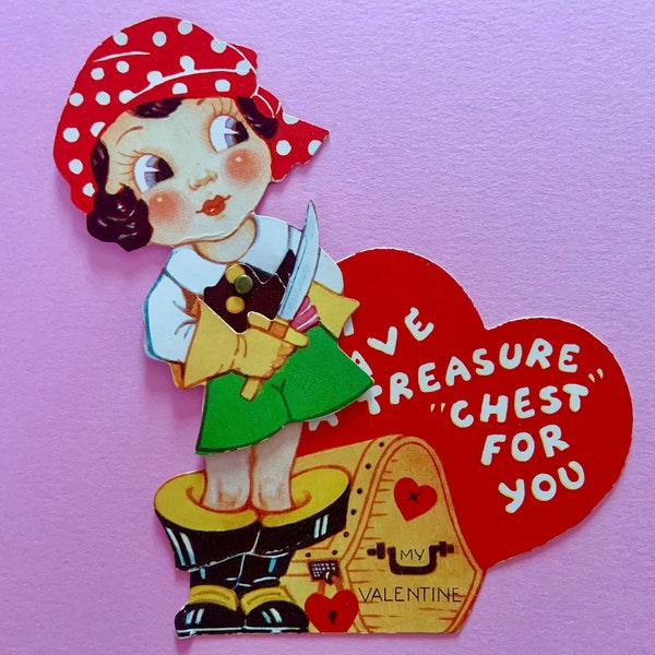 Vintage Mechanical Valentines Day Card Pirate Girl with Sword and Treasure Chest