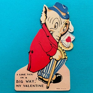 Vintage Unused Mechanical Valentines Day Card Anthropomorphic Elephant Likes You in a Big Way