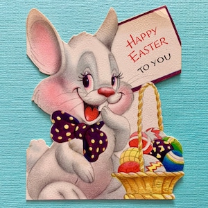 Carte de vœux de Pâques vintage Lapin anthropomorphe lapin avec nœud papillon et panier de Pâques