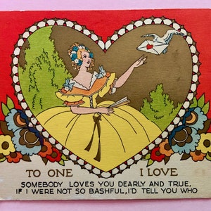 Tarjeta vintage del Día de San Valentín Mujer romántica con vestido recibe carta de amor de Dove