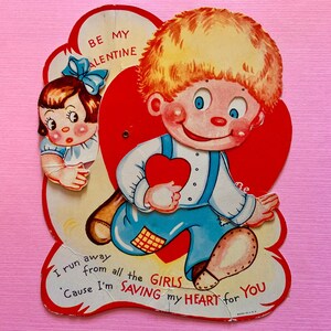 Vintage Unused Mechanical Valentines Day Card Red Haired Boy Running Away From Girls