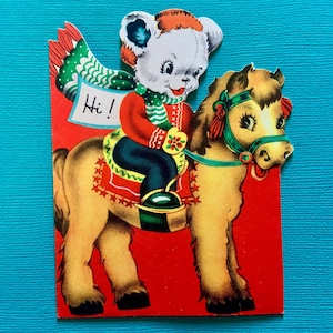 Vintage Christmas Greeting Card Anthropomorphic Bear Riding a Horse