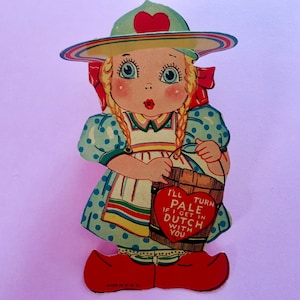 Vintage Mechanische Valentinstagskarte Dutch Girl mit 3 Dimensionaler Hut krempe