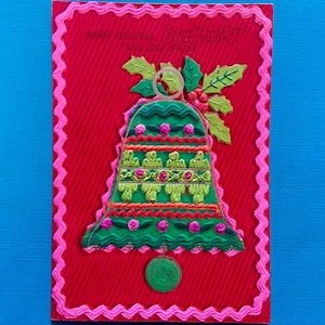 Large Unused Vintage Christmas Card to Sweetheart Embossed Bell and Ric Rac