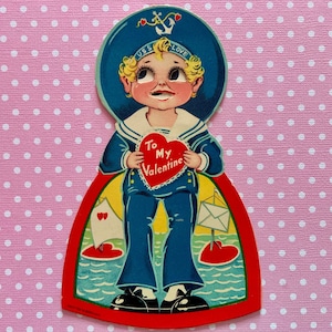 Vintage ongebruikte mechanische Valentijnsdag kaart matroos wiebelt heen en weer als ogen bewegen US Navy patriottisch