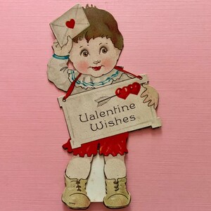 Vintage Valentijnsdag kaart jongen met Valentijnswensen hangend om zijn nek