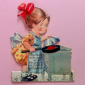 Vintage Mechanische Valentinstagskarte Mädchen Kochen Herz in Bratpfanne