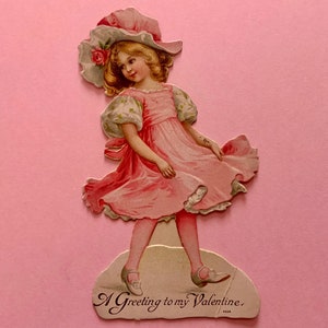 Vintage Unused Valentines Day Card Embossed Edwardian Era Card with Girl in Pink Dress