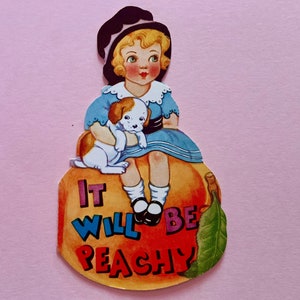 vintage Valentine Day Card Girl avec Puppy Dog Sitting on a Peach