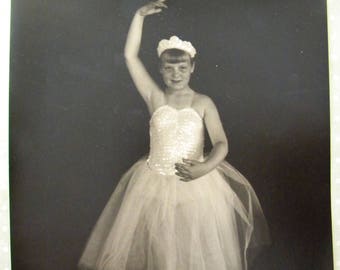 Vintage 8 x 10 Original Photograph of Young Ballerina En Pointe in Sparkling Tutu Black and White