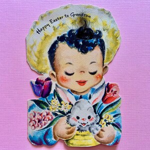 vintage Pâques Carte de vœux Garçon avec de vrais cheveux tenant lapin lapin pour petit-fils