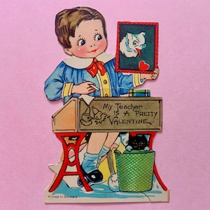 Cartão vintage do dia dos namorados menino desenha uma foto engraçada de seu professor