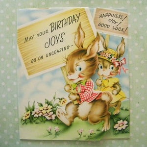 Vintage unbenähte Geburtstagskarte 3D Hasen Hasen und Baby Hasen Ostern Geburtstag Anthropomorphic