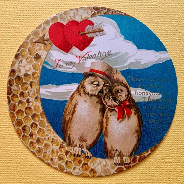 Vintage Valentines Day card 2 Owls on Honeymoon with Honeycomb Moon Ernest Nister