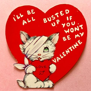 Tarjeta vintage del día de San Valentín Kitty Cat con vendas está todo reventado