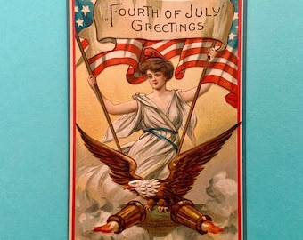 Vintage Unused 4th of July Postcard Lady Liberty Holding Flags Eagles with Cannons Firing