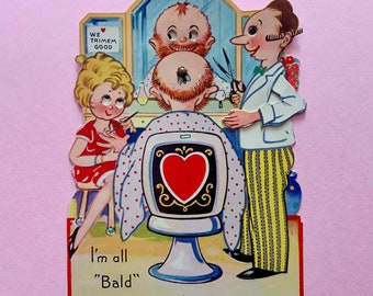 Vintage Unused Mechanical Valentines Day Card Bald Man in Barber Chair Getting Manicure with Fly on His Head