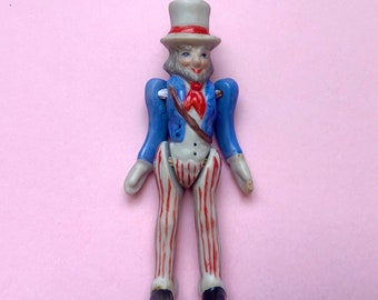 Vintage Uncle Sam Jointed Doll Ornament 1990 Hand Painted 4th of July Decor