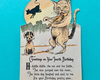 Vintage Birthday Card for Fourth Birthday Cat Playing Fiddle Cow Jumping Over Moon