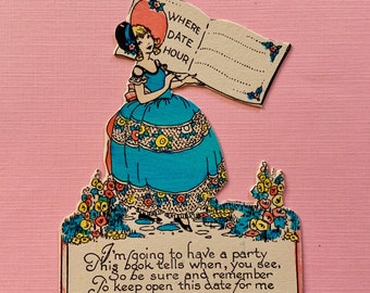 Vintage Unused Party Invitation Art Deco Era Girl in Fancy Gown in Cottage Garden Invite