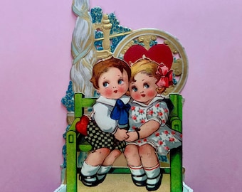 Vintage Unused Fold Down Valentines Day Card Boy and Girl Holding Hands on Bench