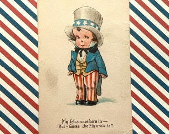 Vintage 4th of July Postcard Boy Dressed as Uncle Sam Guess Who My Uncle Is?