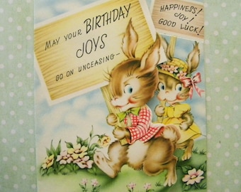 Vintage Unused Birthday Card 3D Bunny Rabbits and Baby Bunnies Easter Birthday Anthropomorphic