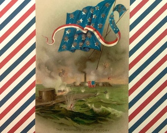 Vintage Postcard Rare John Winsch Civil War Battle The Monitor's Great Victory Patriotic 4th of July with Glitter Stars