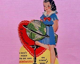 Vintage Valentines Day Card School Girl Looking at Globe with Sailor Uniform