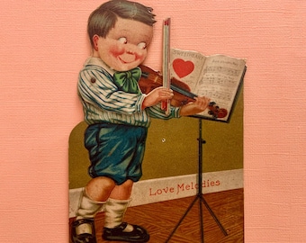 Large Vintage Mechanical Valentines Day Card Boy Playing the Violin Love Melodies