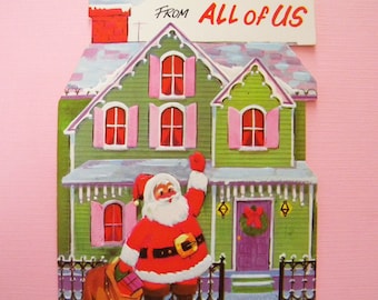 Vintage Unused Christmas Card Pink and Green Embossed 60's From All of Us
