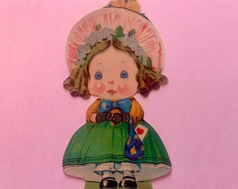 Vintage Valentines Day Card Girl with Curls in Pink Bonnet and Bloomers