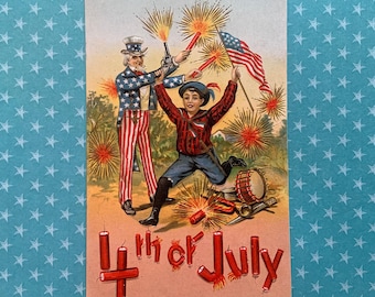 Vintage Unused 4th of July Postcard Uncle Sam Holds Firecrackers While Boy Shoots Gun