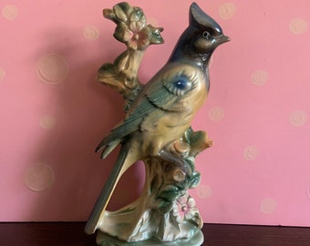 Vintage Ries Japan Bluebird Sitting on Floral Branch 9 Inch Ceramic Statue or Figurine