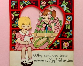 Vintage Valentines Day Card Girl Reading Valentine While Boy Hides in Flowers