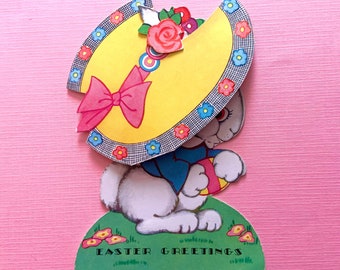 Vintage Easter Greeting Card Anthropomorphic Bunny Rabbit with Large Removable Bonnet