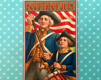 Vintage Unused 4th of July Postcard Revolutionary War Soldier Holding Flag and Boy Playing Drum