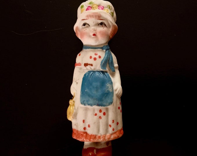Vintage Bisque Penny Doll in Polka Dotted Dress and Blue Apron Doll