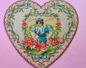 Vintage Heart Shaped Valentines Day Card Edwardian Girl Surrounded With Flowers