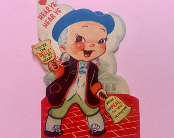 Vintage Mechanical Valentines Day Card Colonial Era Man Ringing Bells