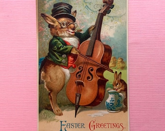 Vintage Unused Easter Postcard Anthropomorphic Bunny Rabbit Playing Cello